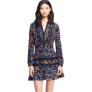 VERONICA BEARD 100% Silk Long Sleeve Mini Dress A-Line Black Orange Blue Small 4